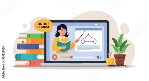 Online Course Laptop Screen with Female Teacher and Stack of Books