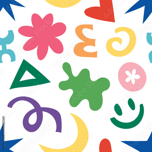 Closeup colorful pattern showing playful icons and curves, oversized star moon flower and smile motifs in saturated tones, ideal for labels stickers and product packaging with eyecatching pop