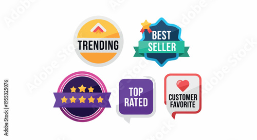 Set of 5 Flat Design Product Badge Icons for Trending, Bestseller, Top Rated, Customer Favorite