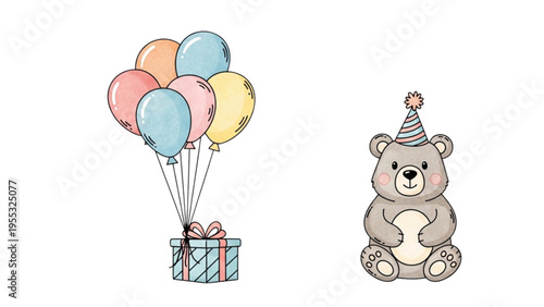 A teddy bear wearing a party hat sits beside a gift with balloons.