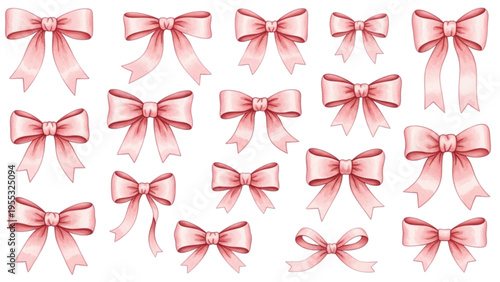 An array of pink bows are tied and arranged neatly.