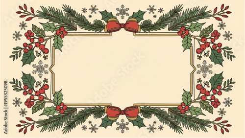 Christmas decoration with holly, bows, and snowflakes around a blank frame