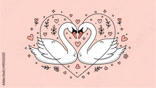 Two swans form a heart shape with hearts and flowers around them.