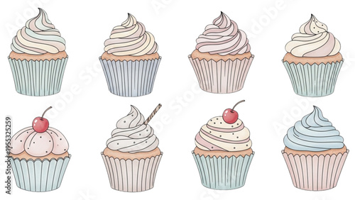 A colorful set of eight cupcakes with various toppings on a white background