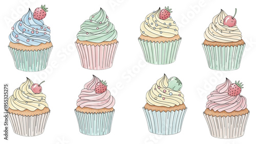 Assorted cupcakes with colorful frostings and toppings on display