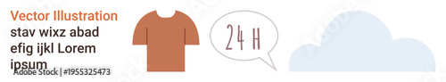 Customer service, availability, casual wear, communication, online support, cloud services. A brown T-shirt, a speech bubble with 24H and a cloud. Customer service and availability concept