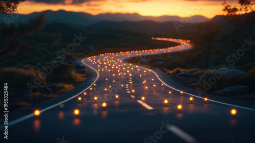 curved road at sunset with illuminated map pins forming timeline steps, leadership and vision theme
