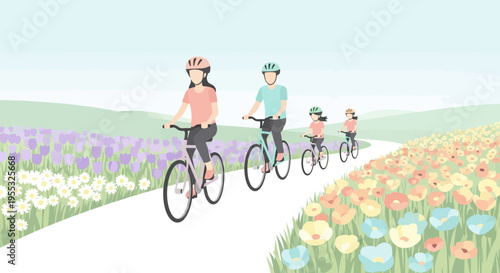 Family cyclists on a winding meadow path