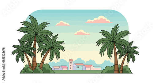Tropical Palm Trees Overlooking Coastal Village