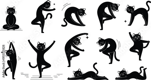 Funny Cat Yoga Silhouette Set with Stretching Poses Playful Kitty Characters and Relaxation Exercises for Pet Lovers Fitness Design
