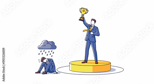 Successful Businessman Holding Trophy on Podium Next to Sad, Depressed Man