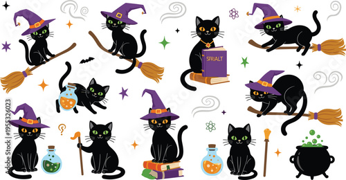 Halloween Witch Cat Set with Black Cats Magic Potions Broomsticks and Spooky Characters for Holiday Decoration Party Design