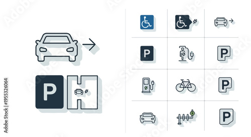 Set of 12 Parking and Transportation Vector Line Icons