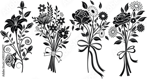 Four black and white floral bouquets with ribbons on stems