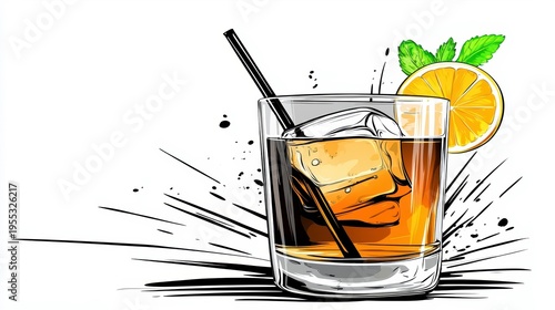 Old Fashioned Cocktail Illustration with Lemon and Mint on White