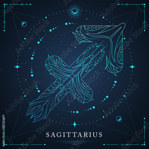 Modern magic witchcraft card with astrology Sagittarius zodiac sign on space background. Line art vector illustration