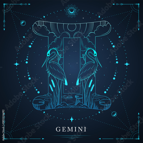 Modern magic witchcraft card with astrology Gemini zodiac sign on space background. Line art vector illustration