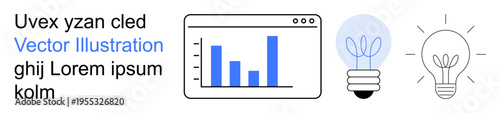 Business analysis, creative thinking, data visualization, innovation, technology concepts, problem solving. Bar chart in browser window, lightbulb icons. Data visualization and innovation concepts