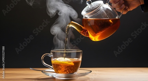 Steaming cup of tea being poured from glass teapot on wooden table