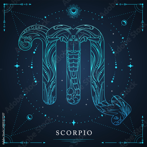 Modern magic witchcraft card with astrology Scorpio zodiac sign on space background. Line art vector illustration