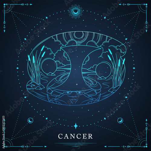 Modern magic witchcraft card with astrology Cancer zodiac sign on space background. Line art vector illustration