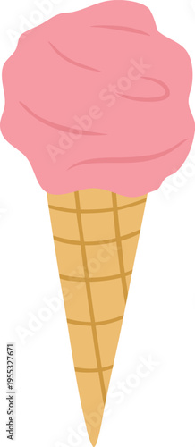Ice cream in wafer cone flat vector icon, pink fruit ice cream swirl, sundae gelato in crispy waffle frozen dessert