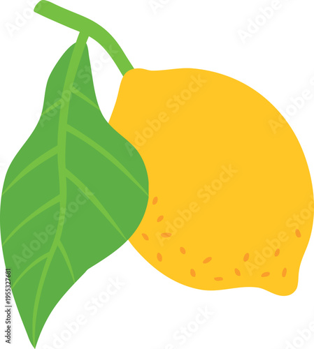 Juicy lemon on twig with leaf, vector flat tropical yellow sour citrus fruit, Mediterranean menu design element