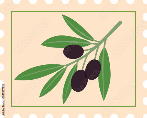 Postage stamp with black olives with leaves and wavy edges, Greece cuisine ingredient, Mediterranean vector poster