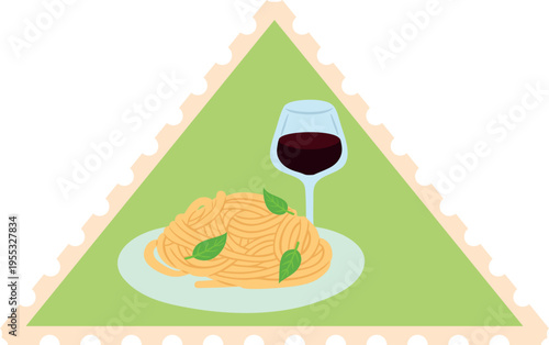 Postage stamp triangle with Italian pasta on plate and glass of red wine, Mediterranean menu vector flat poster design