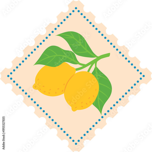 Postage stamp with lemons and wavy edges, vector flat lemons on branch with leaves, tropical yellow sour citrus fruits
