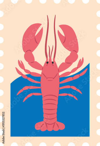 Postage stamp with lobster, cancer with claws, seafood, marine cuisine, Mediterranean menu vector flat design