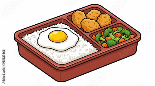 Japanese Bento Box Cartoon Illustration - Packaged Lunch with Rice, Fried Egg, Chicken, and Vegetables
