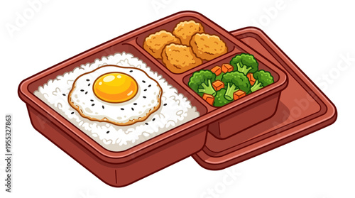 Japanese Bento Box Cartoon Illustration - Packaged Lunch with Rice, Fried Egg, Chicken, and Vegetables