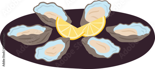 Oyster in shell with lemon slices on the plate vector flat illustration, seafood dish, Mediterranean menu design