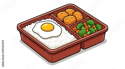 Japanese Bento Box Cartoon Illustration - Packaged Lunch with Rice, Fried Egg, Chicken, and Vegetables