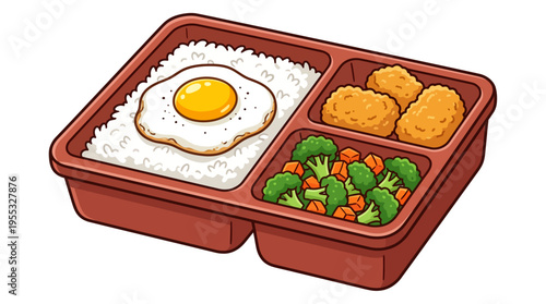 Japanese Bento Box Cartoon Illustration - Packaged Lunch with Rice, Fried Egg, Chicken, and Vegetables