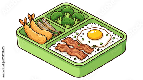 Japanese Bento Box Cartoon Illustration - Packaged Lunch with Fried Egg, Bacon, and Tempura