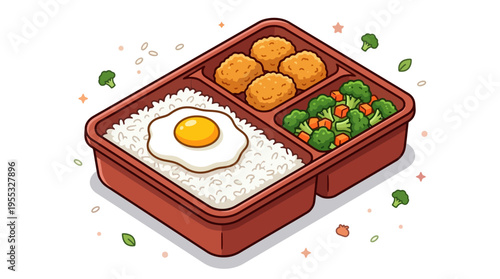Japanese Bento Box Cartoon Illustration - Packaged Lunch with Rice, Fried Egg, Chicken, and Vegetables