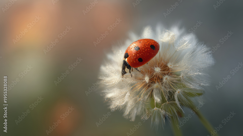Obraz premium Ladybug on Dandelion Seed Head Macro Nature Photography. AI generative.