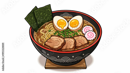 Japanese Ramen Bowl Illustration - Traditional Noodle Soup with Pork, Egg, and Narutomaki