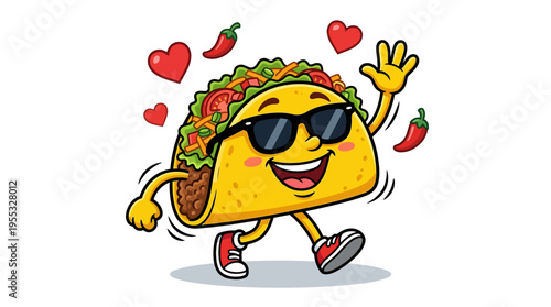 Cool Taco Mascot Character with Sunglasses, Floating Hearts, and Chili Peppers