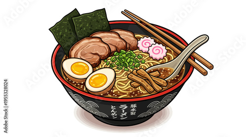 Japanese Ramen Bowl Illustration - Traditional Noodle Soup with Pork, Egg, and Narutomaki
