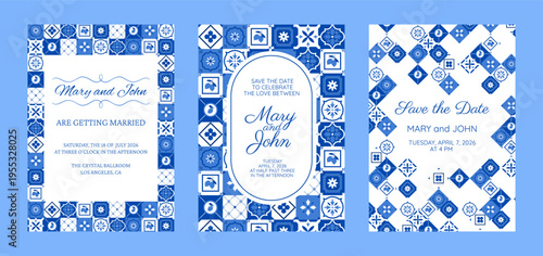 Bridal invitation card with Mediterranean, Italian blue tile, Amalfi wedding postcard vector designs set, Save the date
