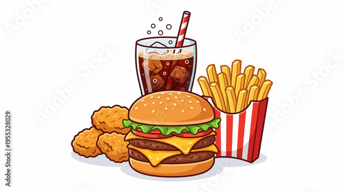 Fast Food Meal Combo Vector Illustration - Cheeseburger, French Fries, Chicken Nuggets, and Cola