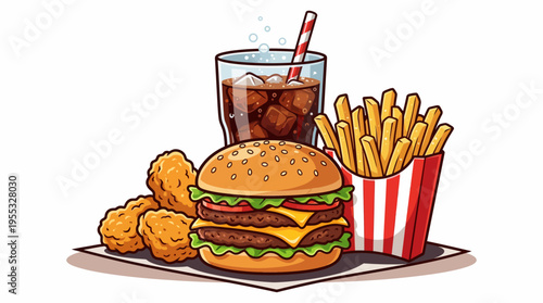 Fast Food Meal Combo Vector Illustration - Cheeseburger, French Fries, Chicken Nuggets, and Cola
