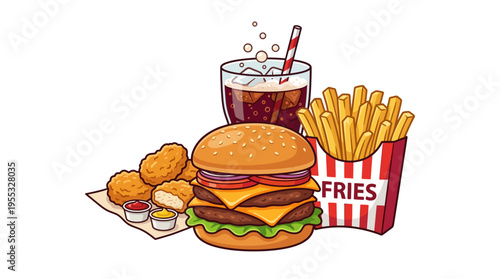 Fast Food Meal Combo Vector Illustration - Cheeseburger, French Fries, Chicken Nuggets, and Cola