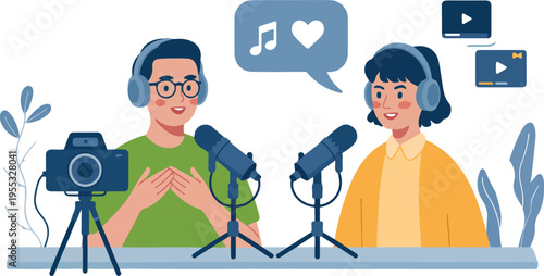 Happy tourists taking a selfie in front of a giant blue airplane with travel suitcases and world map icons flat vector illustration.