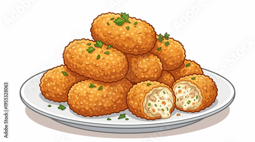 Crispy Golden Fried Croquettes Illustration - Stack of Appetizing Breaded Nuggets on a Plate
