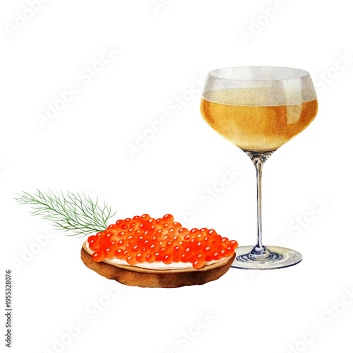 Photography Sandwich, red caviar, wineglass white wine