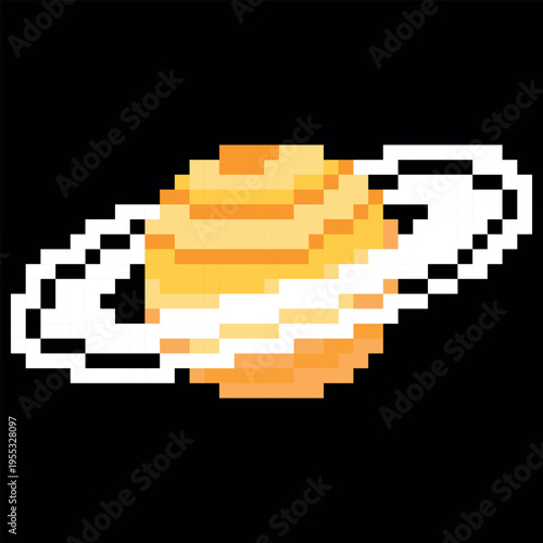 Saturn planet vector pixel art, cartoon cosmic space planet with ring squared contour, retro 8 bit video game universe